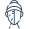 A blue line drawing of a person's face.
